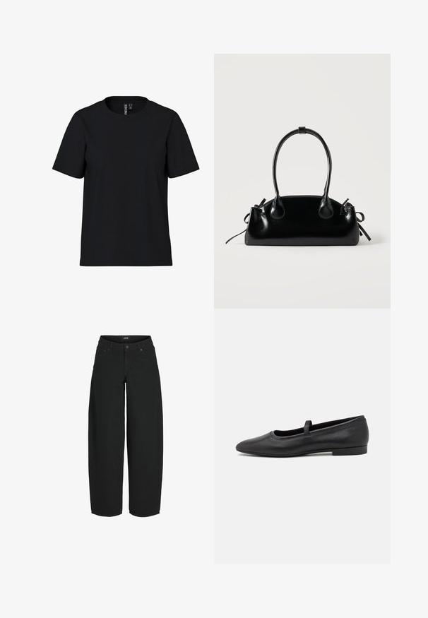 Sort kortærmet T-shirt lavet af blødt stof med rund hals. Simpelt design uden mønstre eller detaljer, lige snit i kanten.; Sorte vidde-korte jeans med knap- og lynlåslukning foran, lommer foran og bagpå samt mærket bæltelabel.; Sorte ballet flade lavet af glatmælket læder, med en rund tå, et lille bånd henover toppen, og et minimalistisk design.; Lille sort blank håndtaske med to lange håndtag og snøre-detaljer i siden på en ensfarvet lys baggrund.