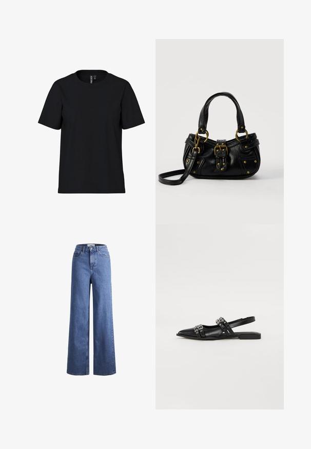 Schwarzes T-Shirt mit kurzen Ärmeln aus weichem Stoff und Rundhalsausschnitt. Einfaches Design ohne Muster oder Akzente, gerader Schnitt am Saum.; Helleblaue Denim-Weite-Leg-Jeans mit hoher Taille, zwei vorderen Taschen und sichtbarer Naht. Mit Knopf- und Reißverschluss.; Even&Odd Sling-Ballerina - black; Schwarze Lederhandtasche mit goldener Schnalle und Nieten, kurzen Griffen und einem verstellbaren Schultergurt vor einem schlichten weißen Hintergrund.