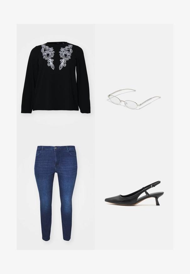 Schwarzes langärmliges Shirt mit aufwändiger silberner Stickerei am Halsausschnitt. Weicher Stoff, entspannter Schnitt und einfaches Rundhalsdesign.; Dunkelblaue Slim-Fit-Jeans aus Denim mit einem Frontknopf und Taschen, von der Front gegen einen weißen Hintergrund gezeigt.; Schwarzer Leder-Slingback-Schuh mit spitzem Zehenbereich, niedrigem Blockabsatz, ausgeschnittenem Seitendetail und verstellbarem Knöchelriemen. Glatte Textur über das gesamte Design.; Ovale Brillen mit einem metallisch-silbernen Rahmen, klaren Gläsern und strukturierten Perlenakzenten an den Bügeln. Leichtes Design mit gebogenen Bügeln.