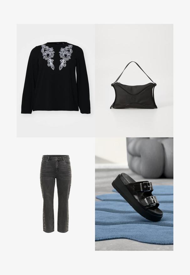 Sort langærmet skjorte med intrikat sølvbroderi omkring halsudskæringen. Blød tekstur, afslappet pasform og enkelt rund hals design.; Sorte høj talje lige jeans med metalknap, forlommer og små sølvnitter langs de ydre sidesømme.; Sort slidesandal med to sølvspænder, platårsål, placeret på tekstureret blåt tæppe med slørede beige møbler i baggrunden.; Sort håndtaske lavet af et blødt, struktureret materiale. Har et bølget design, en enkelt skulderrem og en subtil logo-detalje på fronten.
