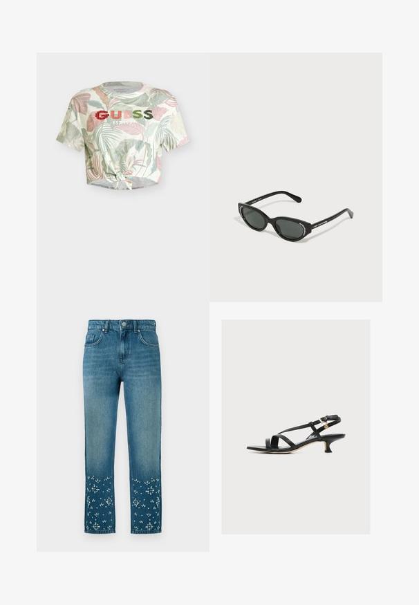 Korte mouwen cropped hemd met knoop aan de voorkant, pastelkleurige tropische bladerenprint en geborduurd "GUESS EST 1981" op de borst.; Blauwe denim jeans met een rechte snit, voorzien van bloemborduursels en versieringen aan de onderkant en een vijfzakkenmodel.; Zwarte leren damessandaal met dunne gekruiste bandjes, lage kittenhak en een kleine gouden gesp aan het enkelbandje.; Zwarte cat-eye zonnebril met donkere lenzen, voorzien van zilverkleurige versieringen langs de bovenrand. Slanke, glanzende kunststof montuur.