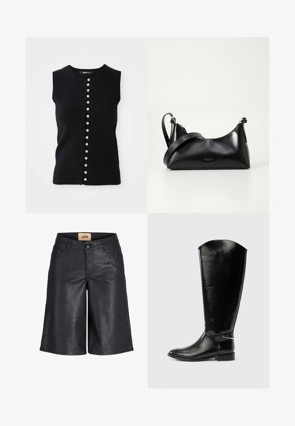 Top de punto sin mangas negro con cuello redondo y corte recto, con una tapeta frontal de botones blancos en el centro.; Pantalones cortos hasta la rodilla de cuero sintético negro con botón frontal, trabillas para cinturón y etiqueta JJXX en la cintura interior.; Bota alta de cuero negro con punta puntiaguda, tacón bajo y detalle de metal plateado en el tobillo sobre un fondo blanco liso.; Bolso de mano de cuero negro con una textura suave. Cuenta con una correa ajustable y un diseño elegante y minimalista con cierre de cremallera.