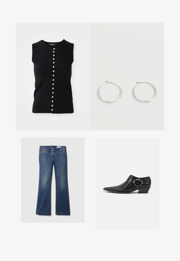 Débardeur noir en tricot sans manches avec un col rond et une coupe droite, présentant une patte de boutonnage à l'avant avec des boutons blancs au centre.; Jean en denim bleu à pattes d'éléphant, avec cinq poches, rivets en cuivre, décoloration subtile et un design de ceinture classique. Ourlet droit en bas.; Bottines en cuir noir avec un bout pointu, présentant une sangle en cuir à l'avant et un détail de boucle en argent, ainsi qu'un petit talon carré.; Boucles d’oreilles créoles en métal argenté avec une surface lisse légèrement incurvée et des fermoirs à clapet sur un fond blanc uni.