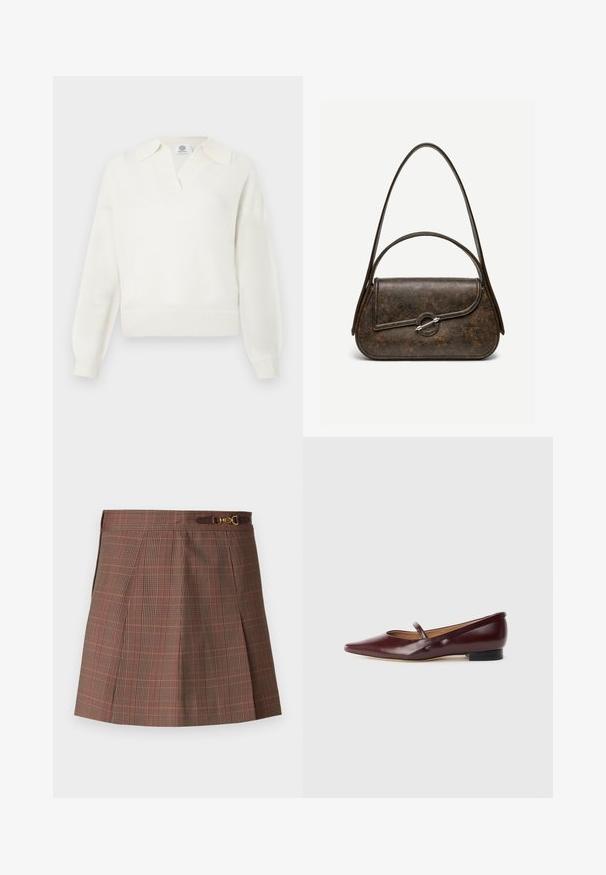 Suéter blanco de punto con cuello en V y un cuello oversized. Presenta dobladillo y puños acanalados. Textura suave con un ajuste relajado.; Falda de cuadros marrones con acentos en naranja, con un diseño plisado, cintura ajustada y un detalle decorativo de hardware dorado en el cinturón.; Zapato plano de charol burdeos con punta afilada y una cinta decorativa a lo largo del empeine. Cuenta con un tacón bajo negro.; Bolso de cuero texturizado marrón oscuro con dos asas, forma rectangular redondeada y cierre de broche circular plateado en la solapa frontal.