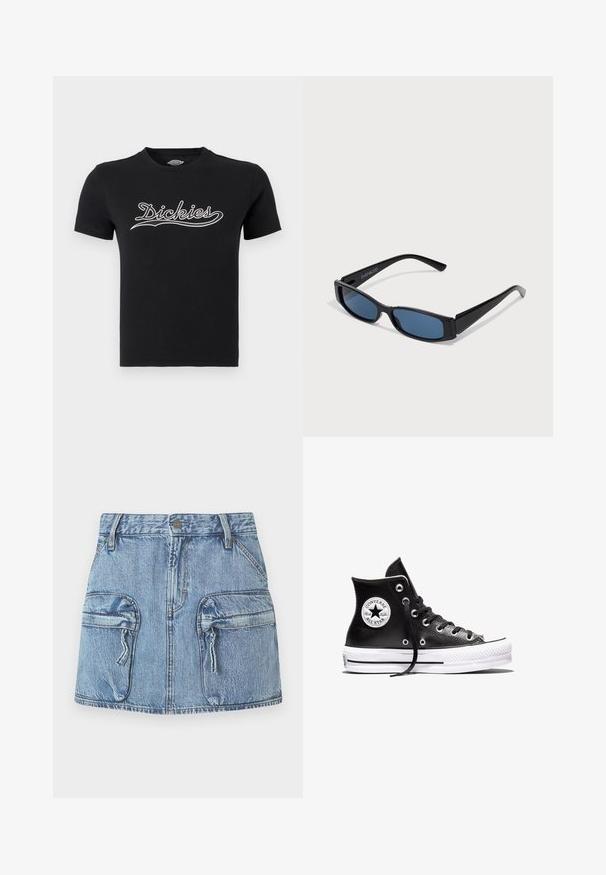 Sort kortærmet t-shirt med rund hals og hvidt "Dickies" skriftlogo centreret på brystet.; Blå denim mini-skirt med to store frontlommer med flap, der har lynlåse, og bæltestropper ved taljen.; Sort højtliggende Converse Chuck Taylor All Star sneaker med hvid gummisål og logo-patch på anklen, vist på en hvid baggrund.; Sorte solbriller med en slank rektangulær ramme og blå linser. Har en glat overflade og robuste stænger. Mærkets logo på siden.
