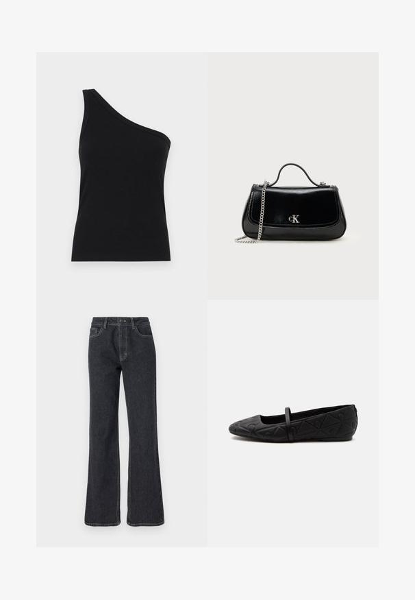 Schwarzes, geripptes Tanktop mit einem Schulterdesign, tailliert und aus einem weichen Material gefertigt. Es hat einen klaren, minimalistischen Schnitt und einen glatten Halsausschnitt.; Dunkelblaue Schlagjeans mit hoher Taille, goldenen Nähten, fünf Taschen und Knopfverschluss. Glatte Textur, gerades Bein Design.; Schwarzer flacher Schuh mit abgerundeter Spitze, geprägt mit einem geometrischen Muster und einem dünnen Riemen über dem Spann, seitlich dargestellt.; Schwarze Lederhandtasche mit einer Kettenriemen, strukturierter Form und einem silbernen Logo-Akzent. Glatte Textur mit einem Klappenverschluss.
