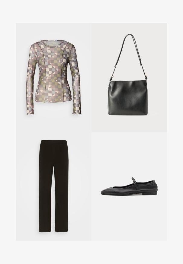 Scotch & Soda ALL OVER PRINTED LONG SLEEVE - Longsleeve - mountain; Zwarte, rechte broek van geweven stof, met een platte voorkant, twee zijzakken en een gladde textuur. Geen zichtbare patronen of accenten.; Zwarte leren ballerina's met een ronde neus, smalle vamp en een kleine enkelband met een ronde gesp. Lage, platte zool.; Zwarte leren handtas met een gladde textuur, voorzien van een enkele verstelbare schouderband en geplooide details aan de bovenkant.