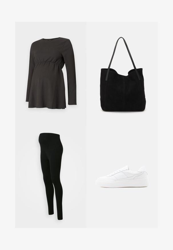 Túnica de maternidad negra de manga larga con cintura fruncida y ligera apertura debajo del busto, hecha de una tela texturizada.; Leggings de maternidad negros con una cinturilla alta y de soporte, textura suave, diseño ajustado y sin patrones ni adornos visibles.; Zapatilla blanca de corte bajo con suela gruesa, diseño con cordones y detalles de costura sutiles sobre un fondo claro y uniforme.; Bolso de mano de ante negro con dos correas de cuero largas y planas. Presenta un borde superior curvado y costuras visibles en la parte frontal. Sin acentos de metal.