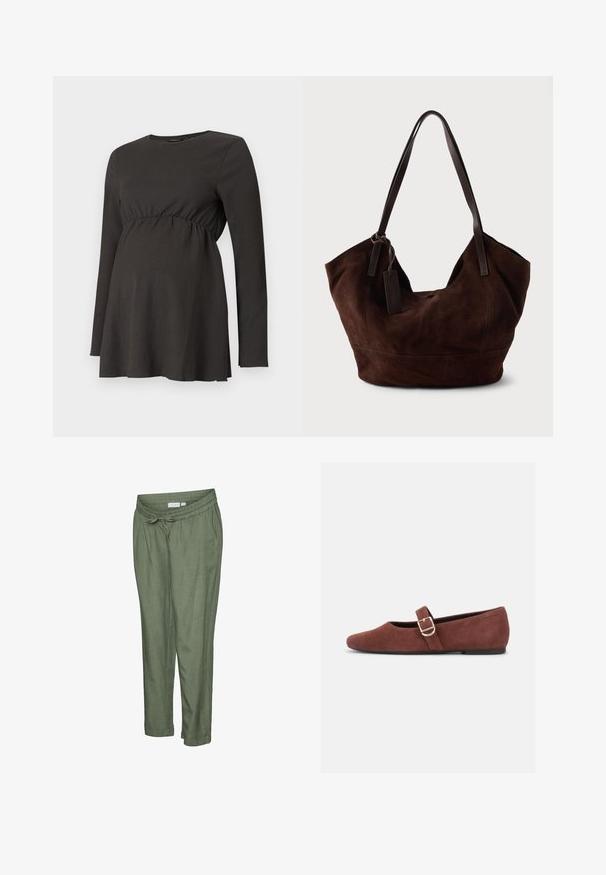 Haut de maternité noir à manches longues avec taille froncée et légère évasement sous la poitrine, fabriqué en tissu texturé.; Pantalon léger de couleur vert olive avec une coupe décontractée. Caractérisé par une taille élastique avec cordon de serrage, des ourlets retroussés et des poches latérales.; Chaussure plate Mary Jane en suède marron avec une bride à boucle dorée et une semelle noire sur fond blanc.; Handbag en cuir suédé marron avec une forme douce et souple. Doté de poignées en cuir et d'une étiquette décorative. Texture plain avec des coutures courbes.