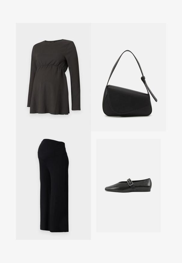 Haut de maternité noir à manches longues avec taille froncée et légère évasement sous la poitrine, fabriqué en tissu texturé.; Pantalons larges noirs côtelés avec une taille haute. Le tissu est lisse et extensible, offrant une coupe décontractée sur toute la longueur des jambes.; Chaussure plate en cuir noir avec un orteil pointu, présentant une sangle à boucle métallique sur le cou-de-pied et une semelle basse et flexible.; Sac à main en cuir noir de forme triangulaire, avec un rabat incliné et une poignée supérieure arrondie. Il présente une texture lisse et des détails de design minimalistes.