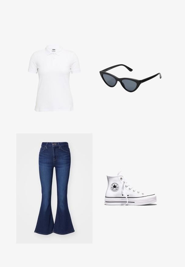 Witte polo met korte mouwen van getextureerde katoen. Voorzien van een klassieke kraag en een drieknoopsluiting. Casual pasvorm met een rechte zoom.; Donkerblauwe klokvormige spijkerbroek van denim, met een hoge taille, vijf zakken en een knoopsluiting, met een lichte kleurvervaging op de dijen.; Witte Converse Chuck Taylor All Star sneaker met hoge schacht, zwarte strepen en logo-patch aan de zijkant, weergegeven tegen een effen witte achtergrond.; Zwarte cat-eye zonnebril met donkergrijze lenzen, slank plastic frame, puntige hoeken en rechte pootjes. Geen zichtbare hardware of accenten.