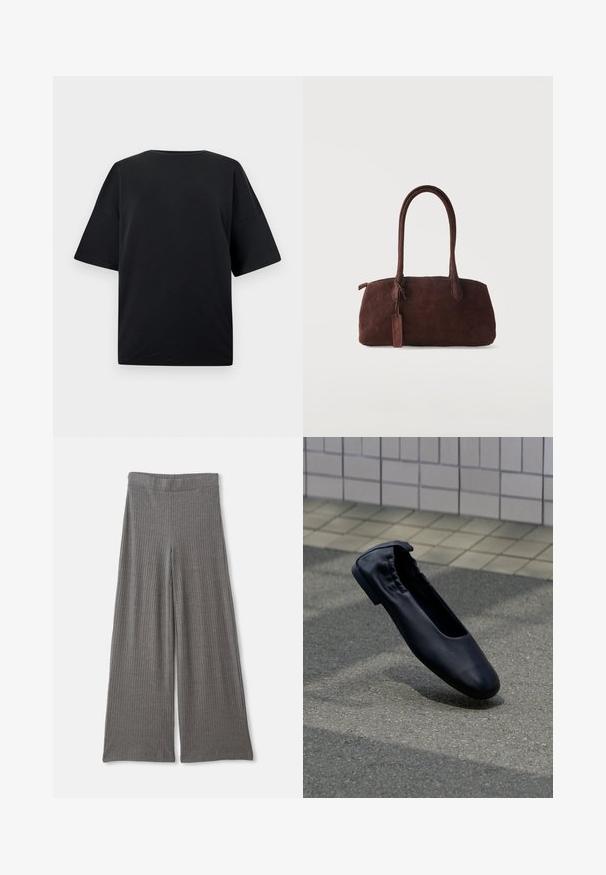 Sort oversized T-shirt med korte ærmer og rund halsudskæring vist på en ensfarvet lysegrå baggrund.; Grå, ribbede bukser med bred benfacon og høj, elastisk talje. Stoffet virker blødt og tekstureret, hvilket giver en afslappet pasform hele vejen ned.; Sort læder balletsko med elastisk bagstykke, hvilende på en tekstureret udendørs belægning med flisevæg i baggrunden.; Mørkebrun ruskindshåndtaske med to lange håndtag og en lille fastgjort tag, sat mod en ensfarvet lys baggrund.