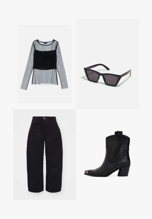Zwarte mesh lange mouw top met een aansluitende geraffineerde bodice met een gestructureerde overlay, ronde halslijn en transparante mouwen.; Free People GOOD LUCK MID RISE BARREL - Relaxed fit jeans - soundwave; Zwarte leren enkellaars met een lichte hak, voorzien van een puntige neus en een metalen kap. Eenvoudige stiksels en een trekkoord aan de achterkant.; Zwarte, hoekige zonnebril met grijze lenzen; gemaakt van plastic, met dikke armen met een gladde oppervlakte en zonder zichtbare hardware.
