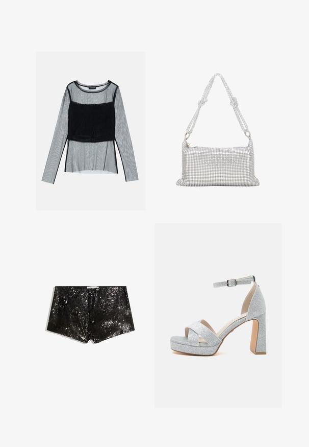 Sort mesh langærmet top med en tætsiddende rynket skærm og en tekstureret overlay, rund halsudskæring og gennemsigtige ærmer.; Sorte pailletshorts med en tætsiddende design. Har glitrende pailletter, glat tekstur og en taljeelastik for en sikker pasform.; Sølvglitrende platformsandal med chunky høj hæl, krydsede stropper over tæerne og justerbar ankelrem med spænde.; Sølvnet taske med rektangulær form, prydet med små runde pailletter, med en fletning af strop med knuder og lynlås-lukning.