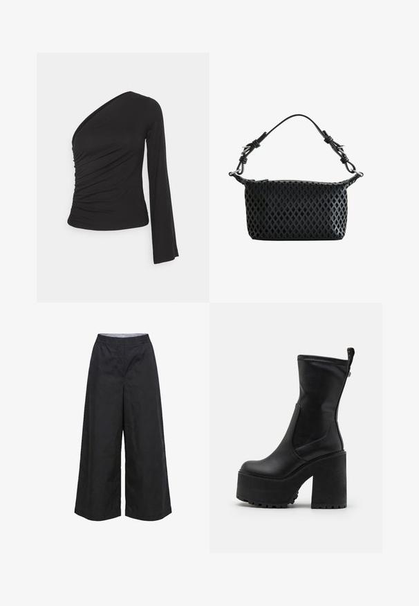 Asymmetrisches langärmliges Oberteil in Schwarz, mit geraffter Seitenpartie für Textur und einer figurbetonten Silhouette. Hergestellt aus weichem, dehnbarem Material.; Schwarze Hose mit weitem Bein, elastischem Bund und mittlerer Passform, aus leichtem Stoff, geeignet für den Freizeitgebrauch.; Buffalo KILLAH SOCK BOOT - Plateaustiefel - black; Schwarze Handtasche mit diamantförmigem Cutout-Muster, kurzem verstellbarem Riemen und silbernen Schnallendetails vor weißem Hintergrund.