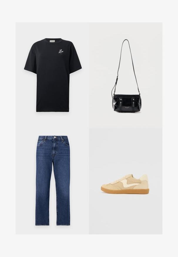 Sort kortærmet t-shirt lavet af bomuld. Har et hvidt logo på venstre brystområde. Rund hals og løs pasform. Ensartet tekstur.; Denim jeans i en mørkeblå vask. Lige ben-design med fem-lomme stil, front lukning med knap og kontrasterende syning.; Beige sneakers med ruskind og mesh-materialer, rund form, fremtrædende polstret krave og en gummikondisko. Har et bølge-design som accent.; Sort skuldertaske i læder med justerbar rem, to lodrette lynlåse foran og et lille metalvinge-emblem under lynlåsene.