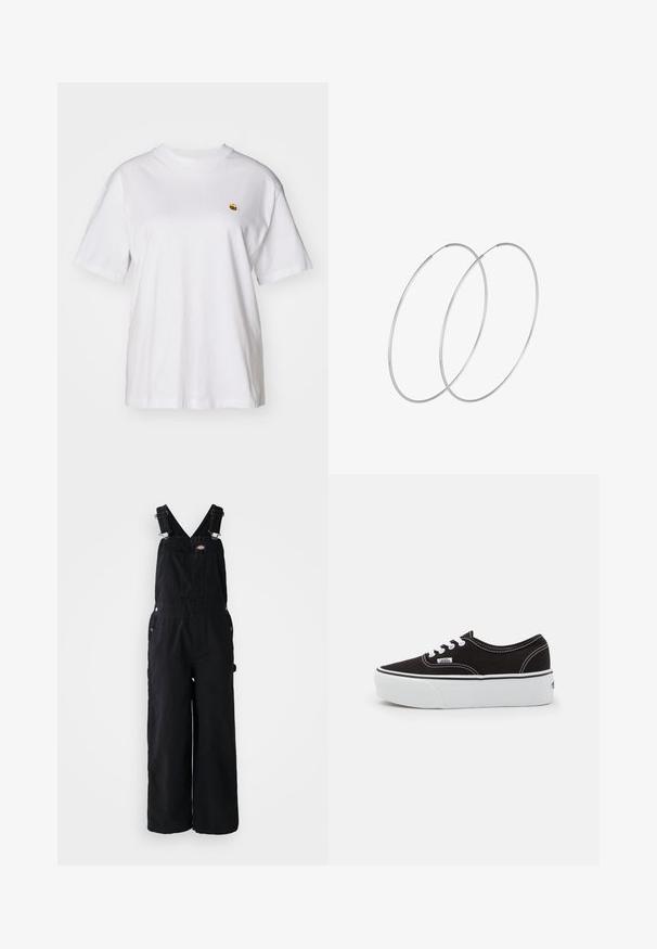 Weißes Baumwoll-T-Shirt mit lockerem Schnitt, kurzen Ärmeln und einem kleinen gestickten Logo auf der linken Brustseite.; Schwarze Denim-Latzhosen mit weitem Bein, verstellbaren Schulterriemen, Fronttasche und silbernen Hardware-Akzenten. Glatte Textur, minimalistisches Design.; Schwarze Leinensneaker mit einer weißen Gummiplattformsohle, weißen Schnürsenkeln und Nähten, ikonischer Markenaufdruck an der Seite, im Low-Top-Design.; Silberne Creolen mit minimalistischem Design. Rundform, glatte Oberfläche und dünnes Profil. Leichtgewichtig mit hochglänzender Oberfläche.