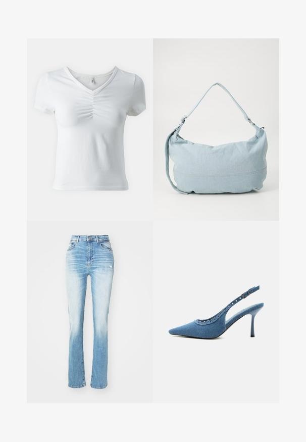 T-shirt blanc à manches courtes avec un col en V et un détail froncé au centre de la poitrine. Fabriqué en tissu doux et léger. Coupe classique.; Jean en denim bleu clair avec une taille haute, coupe droite, un léger délavage et un style classique à cinq poches. Accents usés présents.; Chaussure à talon haut slingback en denim bleu à bout pointu avec détails œillets argentés et bride réglable à boucle.; Sac à dos en denim bleu clair de forme arrondie, avec une bandoulière ajustable et un subtil détail de couture le long du bas. Texture douce.