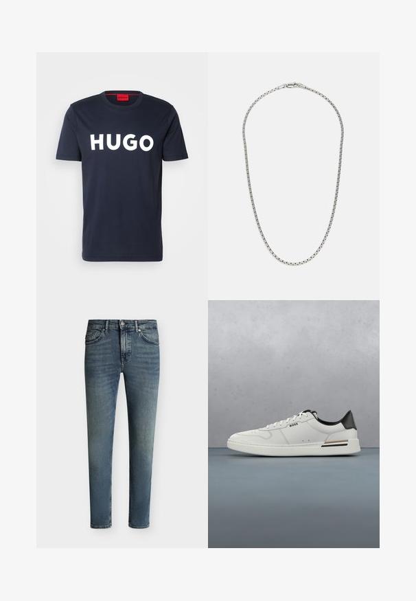 Dunkelblaue Baumwoll-T-Shirt mit großem weißen "HUGO"-Logo auf der Vorderseite, rundem Halsausschnitt und kurzen Ärmeln. Rote Innenlabel-Details.; Blau ausgewaschene Slim-Fit-Jeans mit fünf Taschen und Knopf- und Reißverschluss auf einfarbigem Hintergrund.; Weißer Sneaker mit niedrigem Schnitt und schwarzer Ferse, Schnürverschluss, dezenten Perforationen und "BOSS"-Logo an der Seite, gezeigt von der äußeren Seitenansicht.; Silberne Kettenhalskette mit einem abwechselnden Glieddesign. Sie verfügt über flache, rechteckige Glieder und einen sicheren Verschluss, mit durchgehend glatter Oberfläche.