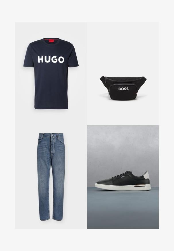 Dunkelblaue Baumwoll-T-Shirt mit großem weißen "HUGO"-Logo auf der Vorderseite, rundem Halsausschnitt und kurzen Ärmeln. Rote Innenlabel-Details.; Gerade geschnittene blaue Jeans aus Denim mit hoher Taille, Frontknopfverschluss und Fünf-Taschen-Design auf einem schlichten hellen Hintergrund.; Schwarze Ledersneaker mit weißer Sohle, ausgestattet mit Perforationen, Schnürdesign, Logo an der Seite und kontrastierenden Fersendetails in Weiß und Braun.; Schwarze Stoff-Gürteltasche mit einem vorderen Reißverschlussfach, großem Hauptfach und weißem "BOSS"-Logo auf der Vorderseite. Glatte Textur, strukturierte Form.