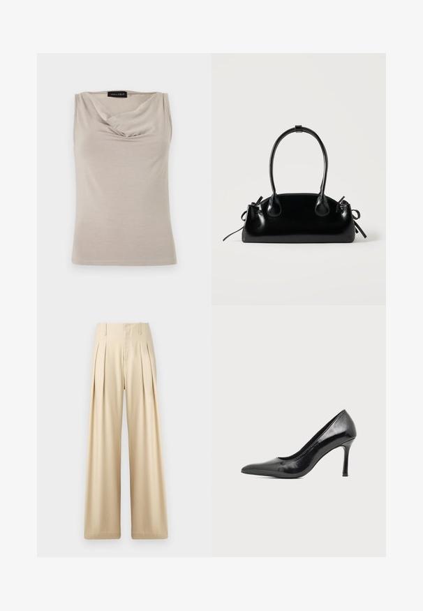 Haut femme beige sans manches avec col drapé, en tissu doux, étiqueté "Anna Field" à l'intérieur du col.; Pantalons larges beige en tissu lisse. Présentent des plis nets, une taille haute et des détails de couture subtils pour un look ajusté.; Chaussure à talon haut pour femme en cuir verni noir avec bout pointu et talon fin sur fond clair uni.; Petit sac à main noir brillant avec deux longues anses et des détails à cordon sur les côtés sur un fond clair uni.