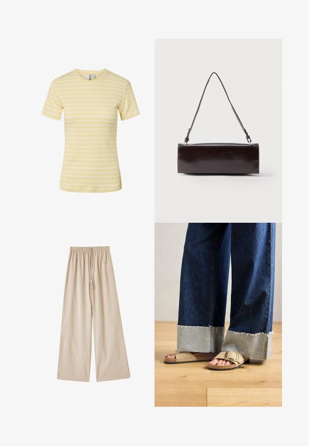 Geel-wit gestreept, geribd T-shirt met korte mouwen, ronde hals en een getailleerd silhouet.; Beige wijde broek met een elastische tailleband en trekkoord, voorzien van verticale witte strepen en een soepele stofstructuur.; Voeten in beige Birkenstock-sandalen met gouden gespen, gecombineerd met donkerblauwe denimspijkerbroeken die bij de boorden opgerold zijn, staande op een houten vloer.; Rechthoekige zwarte leren handtas met een enkele lange schouderband en een glanzende afwerking, weergegeven tegen een effen witte achtergrond.