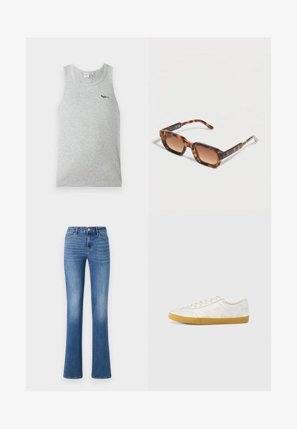 Lysegrå ærmeløs ribbet tanktop med rund halsudskæring og lille sort "Pepe Jeans" logo på øverste venstre bryst.; ONLY ONLWAUW MID WAIST - Jeans Slim Fit - medium blue denim; Hvid lædersneaker med en glat tekstur, med en beige 'V'-logo, rund tå, snørelukning og en sål af gumgummi.; Rektangulære solbriller med skildpadde-mønster og gradientbrune linser, hvilende på en lys overflade.