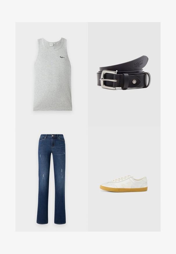Lysegrå ærmeløs ribbet tanktop med rund halsudskæring og lille sort "Pepe Jeans" logo på øverste venstre bryst.; ONLY ONLWAUW MID WAIST - Jeans Slim Fit - dark blue denim; Hvid lædersneaker med en glat tekstur, med en beige 'V'-logo, rund tå, snørelukning og en sål af gumgummi.; Sort læderbælte med spænde i sølvmetal, en trykknap til justering og prægede detaljer på læderet. Glat tekstur over det hele.