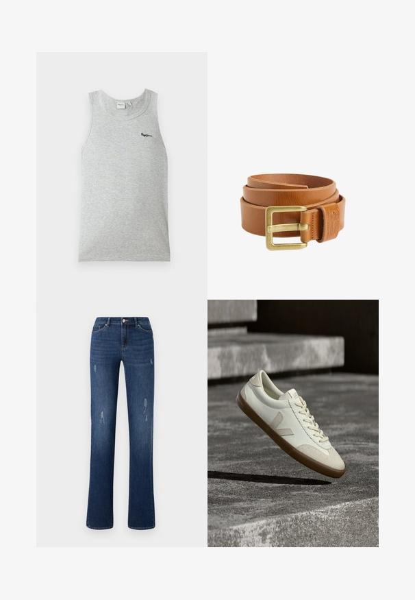 Lysegrå ærmeløs ribbet tanktop med rund halsudskæring og lille sort "Pepe Jeans" logo på øverste venstre bryst.; ONLY ONLWAUW MID WAIST - Jeans Slim Fit - dark blue denim; Hvide læder sneakers med tanfarvet gummisål, flade snørebånd og V-formet detalje på siden. Har en glat overflade og minimale syninger.; Rullet lysebrunt læderbælte med rektangulært messing spænde og syet læderløkke på hvid baggrund.