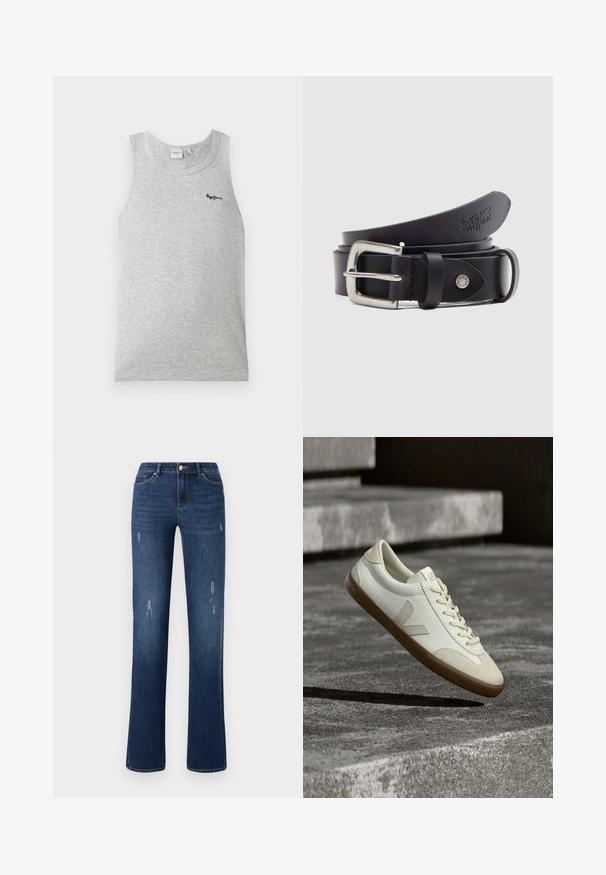 Lysegrå ærmeløs ribbet tanktop med rund halsudskæring og lille sort "Pepe Jeans" logo på øverste venstre bryst.; ONLY ONLWAUW MID WAIST - Jeans Slim Fit - dark blue denim; Hvide læder sneakers med tanfarvet gummisål, flade snørebånd og V-formet detalje på siden. Har en glat overflade og minimale syninger.; Sort læderbælte med spænde i sølvmetal, en trykknap til justering og prægede detaljer på læderet. Glat tekstur over det hele.
