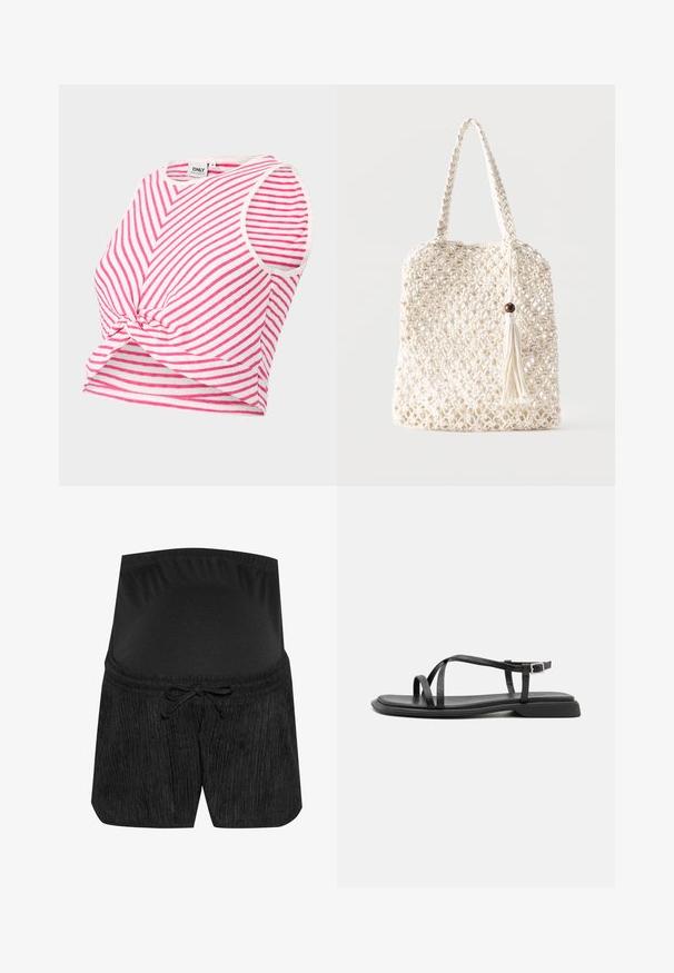 Stripet crop top i pink og hvid. Har en rund halsudskæring, ærmeløs design og en knudedetalje foran ved kanten.; Sorte graviditetsshorts med et tekstureret design, snørelukning i taljen og en glat, elastisk talje. Blødt stof for komfort.; Sorte flade sandaler med tynde justerbare stropper, rektangulær tåpost og en struktureret mat finish. Har en lav, let firkantet hæl.; Hvid vævet bomuldsnet med flettede håndtag og en hængende kvast med en træperle.