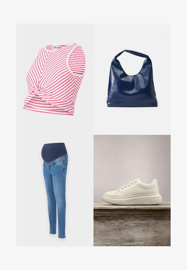 Stripet crop top i pink og hvid. Har en rund halsudskæring, ærmeløs design og en knudedetalje foran ved kanten.; Graviditetsjeans med en blå elastisk talje og slim-fit ben, lavet af lys blå denim med lidt falmning og standard baglommer.; Hvid lædersneakers med rund tå, glat tekstur og kontrasterende snørebånd. Har ventilationshuller og en tyk gummisål for komfort.; Marineblå kunstlæder skuldertaske med en blød, blank overflade, rund form og et enkelt, bredt håndtag for nem bæring.