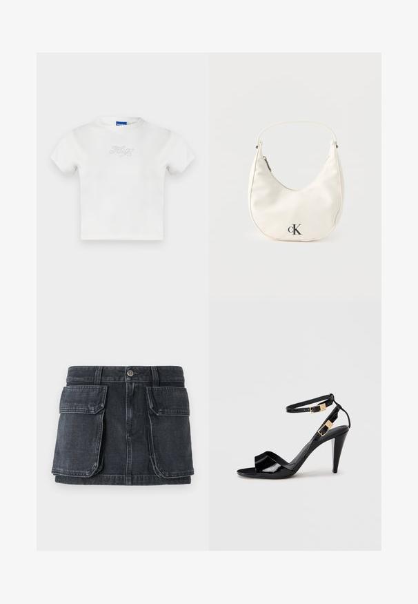 Witte katoenen t-shirt met korte mouwen en een ronde halslijn, met "HUGO" in strass steentjes op de voorkant. Eenvoudig, casual ontwerp.; Zwarte denim rok met een aansluitende taille, knoopsluiting, twee grote voorzakken en contrasterende stiksel details.; Zwart lakleren hoge hak sandaal met dubbele enkelbandjes en gouden gespen, open teen en slanke, taps toelopende hak op een neutrale achtergrond.; Kleine witte handtas in de vorm van een halve maan met een kort hengsel, ritssluiting en zwart "cK" logo aan de voorkant.