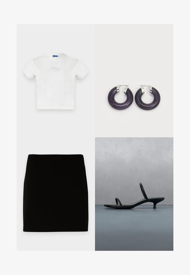 T-shirt en coton blanc à manches courtes et col rond avec "HUGO" en strass sur le devant. Design simple et décontracté.; Jupe mini noire en tissu lisse, présentant un design simple sans coutures ni ornements visibles. Lignes épurées et coupe droite.; Sandale à talon Calvin Klein noire avec des lanières fines, posée sur des carreaux en bois en plein air près d'un mur et de la verdure.; Boucles d'oreilles en résine violet avec des accents en métal argenté. Forme circulaire avec une finition brillante, dotées d'une fermeture à charnière sécurisée.