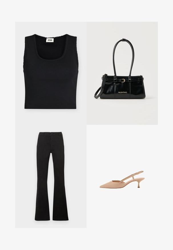 Sort ribbet cropped tanktop med brede stropper og firkantet udskæring, med et lille hvidt Drykorn mærke indeni kraven.; Sorte bukser med høj talje, knap- og lynlås-lukning, forlommer og udvidede ben mod en ensfarvet baggrund.; Spidse nude slingback hæle med en lav kitten hæl, lavet af blankt materiale, med en slank rem og justerbar spænde.; Sort Valentino håndtaske med dobbelte lange håndtag, aftagelig skulderrem og gulddetaljer på fronten.