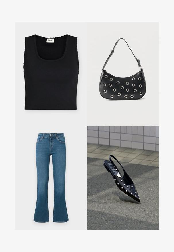 Zwart geribbeld cropped tanktopje met brede bandjes en een vierkante halslijn, met een klein wit Drykorn merklabel binnenin de kraag.; Blauwe denim flared jeans met een middelhoge tailleband, vijf zakken en subtiele stikseldetails. Glad textuur met een klassieke wassing.; Zwarte puntige slingback schoen van glad materiaal, voorzien van zilveren studs, een platte zool en een logo op het voetbed.; Zwarte leren schoudertas met verstelbare riem, voorzien van zilveren metalen oogjes en een ritssluiting bovenaan.