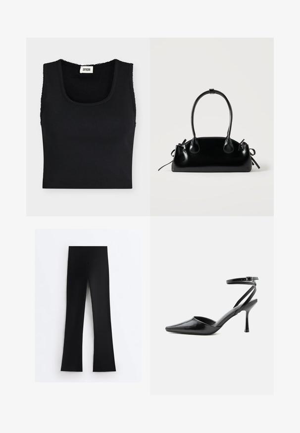 Sort ribbet cropped tanktop med brede stropper og firkantet udskæring, med et lille hvidt Drykorn mærke indeni kraven.; Sorte leggings med høj talje og bred taljebånd, med lige ben, vist fladt på hvid baggrund.; Sort spids højhælet sko med tynde ankelremme og sølvspænde på en ensfarvet lys baggrund.; Lille sort blank håndtaske med to lange håndtag og snøre-detaljer i siden på en ensfarvet lys baggrund.