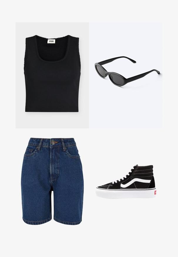 Top corto negro acanalado con tirantes anchos y escote cuadrado, con una pequeña etiqueta blanca de la marca Drykorn dentro del cuello.; Shorts de denim en color azul oscuro, con cintura alta, diseño de cinco bolsillos y costuras en contraste de color naranja. La tela parece texturada.; Zapatillas altas negras con cordones blancos, un logo blanco y costuras en blanco que contrastan. Presentan una suela blanca gruesa y una parte superior de ante texturizado.; Gafas de sol ovaladas negras y elegantes con lentes oscuras y patillas rectas, reposando sobre una superficie blanca.