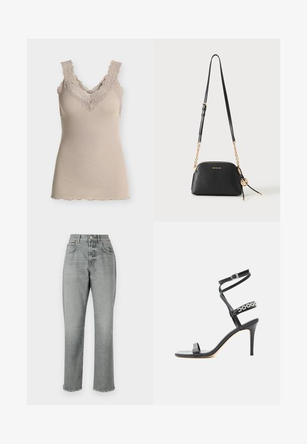 Débardeur beige côtelé avec larges bretelles en dentelle et bordure en dentelle le long du décolleté en V et des bretelles, sur un fond uni.; CLOSED JONTA - Jean boyfriend - mid grey; Sandale noire à talon haut avec fine bride à la cheville, bride médiane décorée de maillons de chaîne argentés, et design à bout ouvert.; Sac bandoulière en cuir noir avec détails en chaîne dorée, sangle réglable, fermeture éclair et logo Michael Kors sur le devant.
