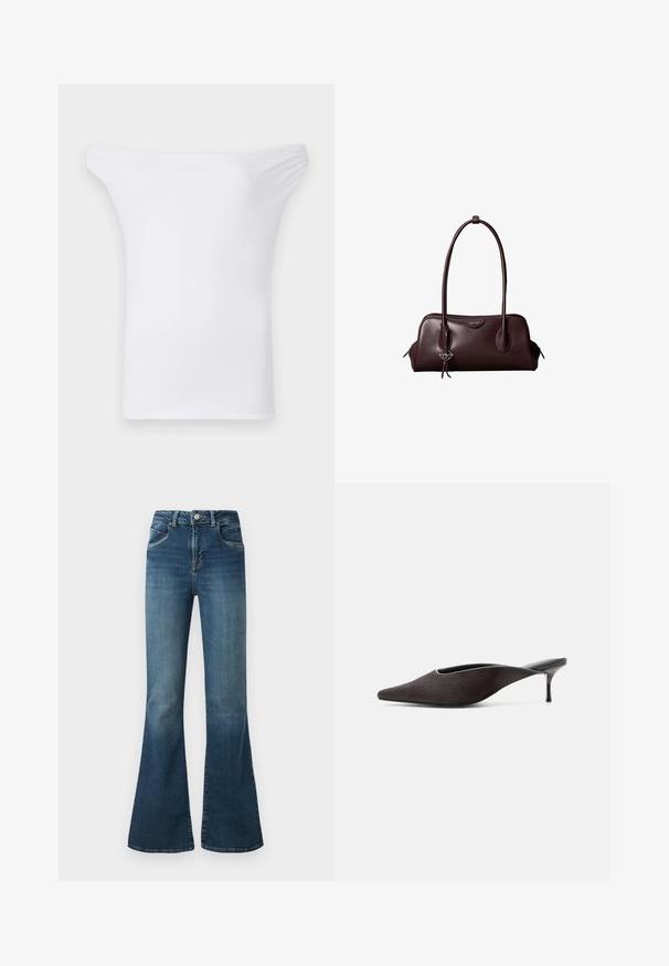 Witte off-the-shoulder top van soepel, rekbaar materiaal. Heeft een brede halslijn en korte mouwen met een getailleerde pasvorm.; Flared blauwe denim jeans met een hoge taille, subtiele vervaging, vijf zakken en contrasterende stiksels. Gemaakt van rekbare katoenmix stof.; Zwarte muleschoen met een puntige neus, lage stilettohak en een strakke, gladde afwerking, gezien van opzij tegen een witte achtergrond.; Donkerbruine leren Calvin Klein handtas met lange dubbele handvatten en een kleine logo-sierhanger die aan één handvat hangt.