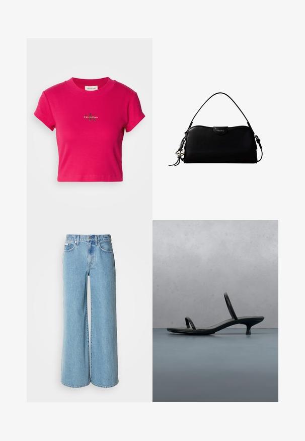 Helles pinkes, kurz geschnittenes T-Shirt mit kurzen Ärmeln, das ein kleines Calvin Klein Logo in der Mitte zeigt. Sauberer weißer Hintergrund zur Betonung.; Hellblaue weite Jeans aus Denim, mit hoher Taille, Fünf-Taschen-Design und subtilen Auswaschungen im Stoff.; Schwarze Calvin Klein Sandalette mit dünnen Riemen und Absatz, balanciert auf Holzfliesen im Freien neben einer Wand und Grünpflanzen.; Schwarze, rechteckige Calvin Klein Handtasche mit einem einzelnen Tragegriff oben, silbernem Logo-Anhänger und kleinem Klappverschluss auf der Vorderseite.