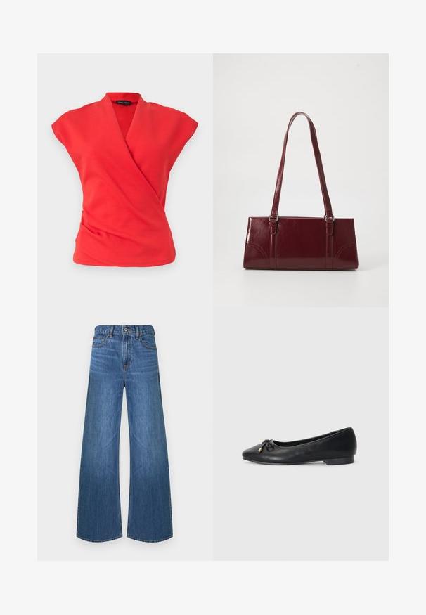 Rode mouwloze overslagtop met V-hals en licht geplooide stof aan de taille, getoond op een effen lichte achtergrond.; Blauwe denim jeans met wijde pijpen, voorste knopen en ritssluiting, vijfzakkenstijl en riemlussen, afgebeeld tegen een witte achtergrond.; Zwarte leren ballerina met een spitse neus, voorzien van een klein strikje en gouden accenten, en een lage, ronde hak.; Bourgondische handtas van glanzend materiaal, rechthoekige vorm, met twee schouderbanden en subtiele gebogen accenten aan de voorkant.