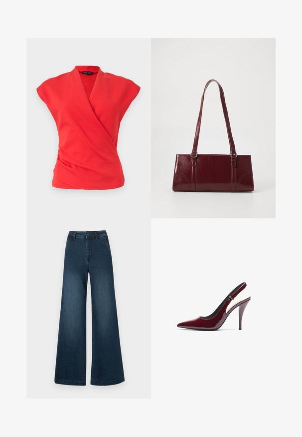 Rotes ärmelloses Wickeltop mit V-Ausschnitt und leicht gerafftem Stoff an der Taille, auf einem einfachen hellen Hintergrund präsentiert.; Dunkelblaue High-Waist-Jeans mit weitem Bein, Taschen vorne und Gürtelschlaufen auf weißem Hintergrund.; Burgunderfarbene Patentleder Slingback-Pumps mit spitzer Zehe, hohem Stiletto-Absatz und einer eleganten, glatten Textur. Verstellbare Riemendetails.; Burgunderfarbene Handtasche aus glänzendem Material, rechteckige Form, mit zwei Schulterriemen und subtilen, geschwungenen Akzenten an der Vorderseite.