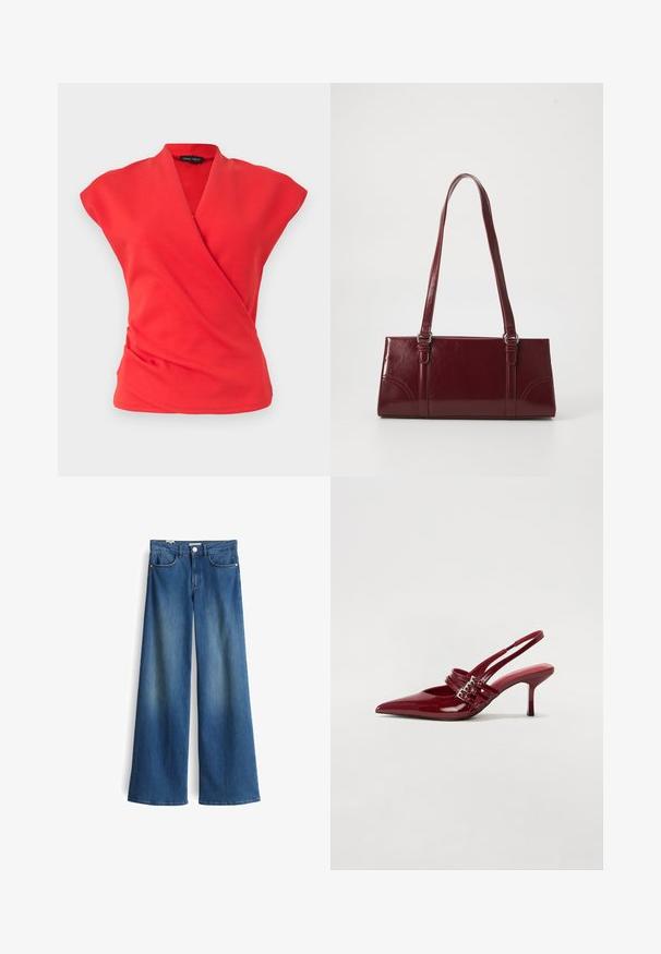 Rotes ärmelloses Wickeltop mit V-Ausschnitt und leicht gerafftem Stoff an der Taille, auf einem einfachen hellen Hintergrund präsentiert.; Weite Jeans aus Denim in Mittelblau mit glatter Textur. Verfügt über zwei Fronttaschen und einen klassischen Knopfverschluss in der Taille.; Rote Lackleder Slingback-Absätze mit spitzem Zeh, zwei Schnallenriemen und einem schlanken, mittelhohen Stiletto-Absatz. Glatte Textur.; Burgunderfarbene Handtasche aus glänzendem Material, rechteckige Form, mit zwei Schulterriemen und subtilen, geschwungenen Akzenten an der Vorderseite.