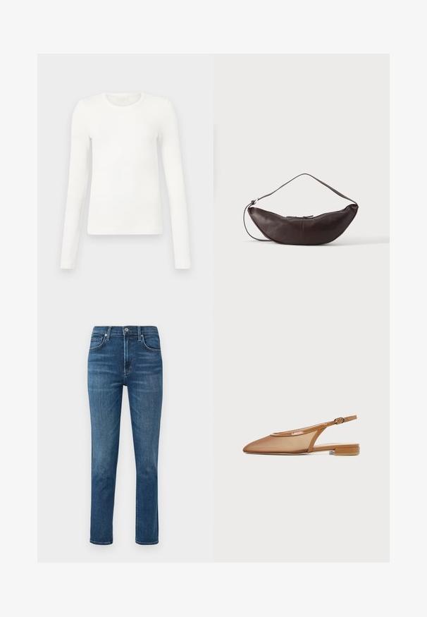 Hvid langærmet ribbet top med rund halsudskæring, der har en tætsiddende pasform og glat tekstur, velegnet til lag-på-lag eller afslappet brug.; Mørkeblå denim jeans med lige ben, fem-lomme design og en metalknap i taljen. Diskret falming og syninger.; Brun flad slingback sko med spids tå, mesh overdel, lakdetaljer og lille blokhæl, vist i sideprofil.; Mørkebrun læder skuldertaske i halvmåneform med buet rem og synlige syninger på ensfarvet baggrund.