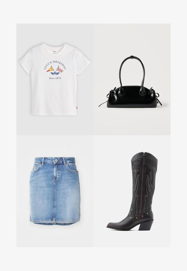 Hvid Levi's T-shirt med korte ærmer med korsede gule og røde flag og teksten "Levi's Original Since 1873" på frontens midte.; Lyseblå denimnederdel med et tætsiddende design, fem lommer og synlige sømme. Har en frontknaplukning og detaljer med frynser i kanten.; Brune læder cowboystøvler med flammebroderi, sidelukning med lynlås, sølvnitter, spids snude og lagdelt hæl.; Lille sort blank håndtaske med to lange håndtag og snøre-detaljer i siden på en ensfarvet lys baggrund.
