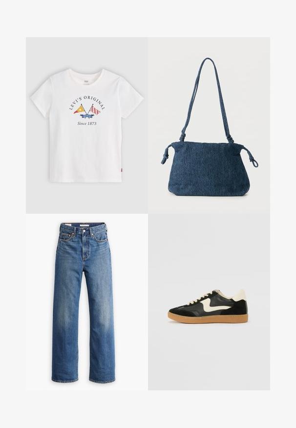 Camiseta blanca de manga corta Levi's con banderas cruzadas amarillas y rojas y texto "Levi's Original Since 1873" en el centro delantero.; Vaqueros de mezclilla azul claro con cintura alta, diseño de pierna ancha, estilo clásico de cinco bolsillos y un sutil desgaste en la tela.; Zapatillas de deporte de ante y cuero negro con un swoosh lateral en crema y un talón en crema claro. Presenta cordones beige y una suela de goma marrón.; Bolso de hombro de mezclilla azul oscuro con extremos de correa anudados y forma rectangular simple sobre un fondo blanco.