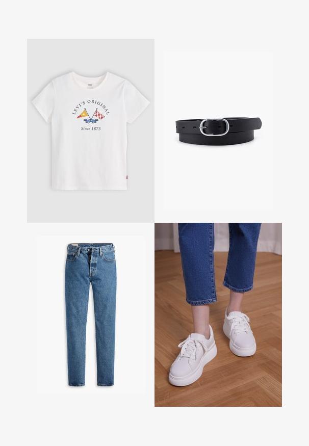 Weißes Levi's T-Shirt mit kurzen Ärmeln, gekreuzten gelben und roten Flaggen und dem Text "Levi's Original Since 1873" in der vorderen Mitte.; Hellblaue Denim-Jeans mit geradem Schnitt, fünf Taschen und klassischem Knopfverschluss. Mit orangefarbenen Nähten und einer leicht verwaschenen Textur.; Beine, die kurze blaue Jeans und weiße Schnür-Plateausneaker tragen und auf hellem Holzboden stehen.; Schwarzer Leder Gürtel mit glatter Textur, ovaler silberner Metallschnalle und mehreren Einstelllöchern entlang des Riemens. Flaches, minimalistisches Design.