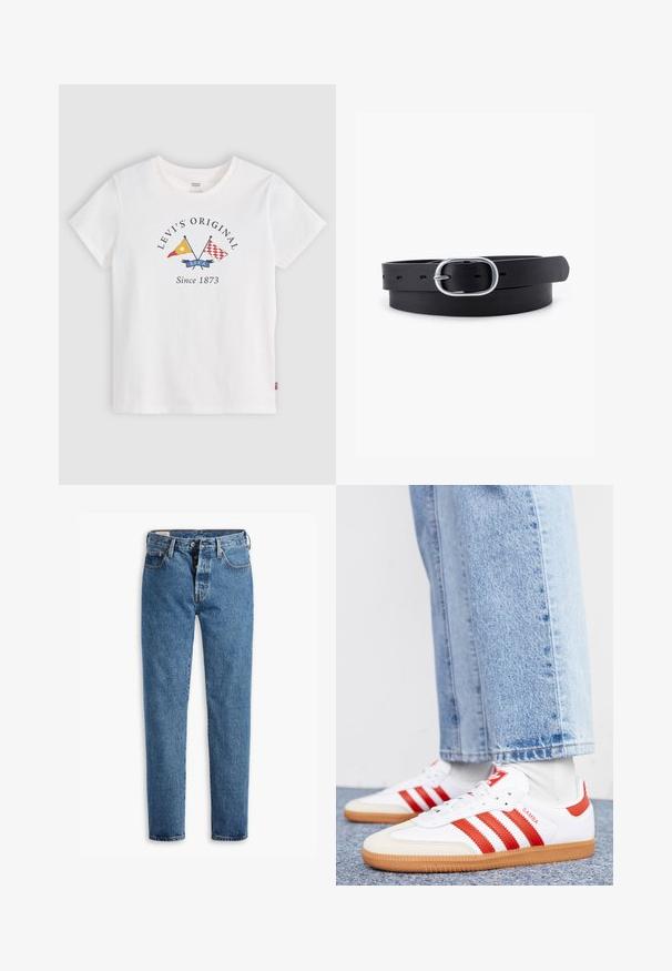 Wit Levi's T-shirt met korte mouwen, gekruiste gele en rode vlaggen en tekst "Levi's Original Since 1873" voor midden.; Lichtblauwe spijkerbroek met een rechte snit, vijf zakken en een standaard knoopsluiting. Heeft oranje stiksels en een licht vervaagde textuur.; Witte leren sneakers met rode strepen en accenten. Voorzien van een getextureerde gumrubberen outsole en een gevoerde kraag. Draag ze met lichtblauwe denim.; Zwarte leren riem met een gladde textuur, ovaal zilveren metalen gespsluiting en meerdere verstelgaten langs de band. Platte, minimalistische uitstraling.