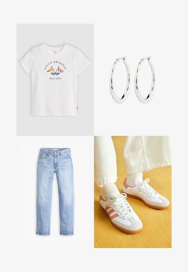 Hvid Levi's T-shirt med korte ærmer med korsede gule og røde flag og teksten "Levi's Original Since 1873" på frontens midte.; Lyseblå denimjeans med en lige ben-design, fem lommer og en mellemhøj talje. Har en falmet struktur og håndsyet kant.; Hvide sportsko med lyserøde accenter, lavet af ruskind og læder, rund tå og gummisål, vist med lyse sokker på en gul baggrund.; Sølvøreringe i form af hoops med en glat, blank finish. Cirkulær form, der har en sikker lås. Simpelt og elegant design.